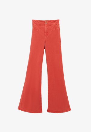 Rode uitlopende broek van een katoenmix, met een hoge tailleband en twee metalen knopen, en een gladde textuur.