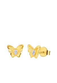 Gouden vlinder studs met een centrale heldere kristal. Het ontwerp is gedetailleerd met vleugels en een gepolijste afwerking.