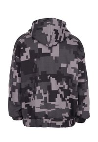 Hoodie z czarnym i szarym wzorem cyfrowej maskowania, elastycznymi mankietami i pasem, widok z tyłu.