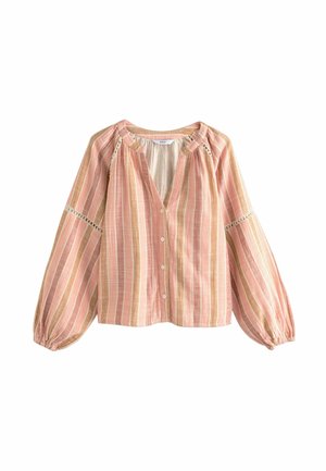 Blouse rayée dans des tons rose pâle et beige, avec un devant à boutons, des manches amples et des détails en dentelle aux coutures des épaules.
