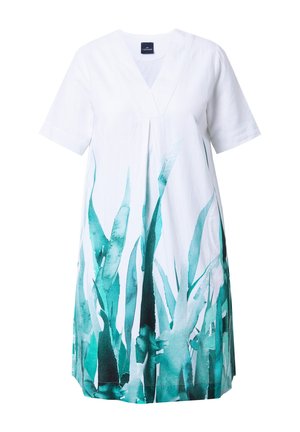 Weißes, kurzärmeliges Kleid mit V-Ausschnitt und einem grünen Aquarell-Pflanzenmuster am Saum. Hergestellt aus leichtem Stoff.