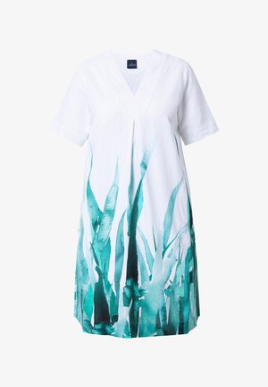 Robe blanche à manches courtes avec décolleté en V et motif de plantes aquarelle vert en bas. Confectionnée en tissu léger.