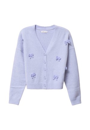 Lavendel knoopcardigan met lange mouwen, V-hals en zes kleine 3D-strikken die de voorkant en mouw versieren.