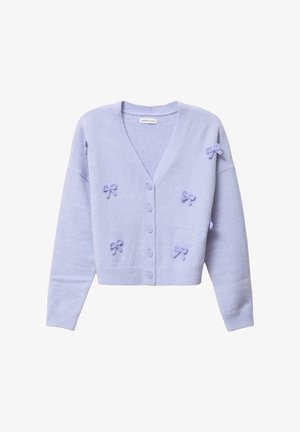 Lavendel knoopcardigan met lange mouwen, V-hals en zes kleine 3D-strikken die de voorkant en mouw versieren.