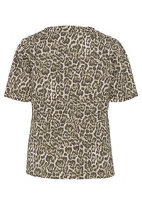 Tílko s krátkým rukávem v leopardím vzoru v béžových a zelených tónech, s kulatým výstřihem a volným střihem, zdobené švem v oblasti pasu.