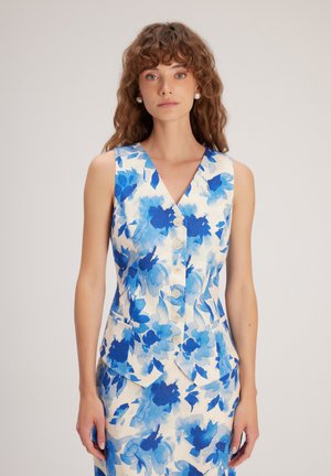 Ärmelloses Kleid mit Blumenmuster in Creme mit blauen Aquarellblumen, V-Ausschnitt, Knopfleiste vorne und zwei seitlichen Taschen.