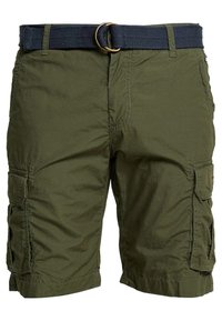 Shorts cargo vert olive en tissu texturé, dotés de poches latérales, d'une ceinture tissée bleu marine et d'une boucle en métal doré.