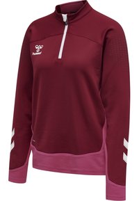 Pulóver burdeos con media cremallera, tejido texturizado, logo y detalles en blanco, dobladillo rosa, con detalles estampados en los hombros. Diseño elástico y transpirable.