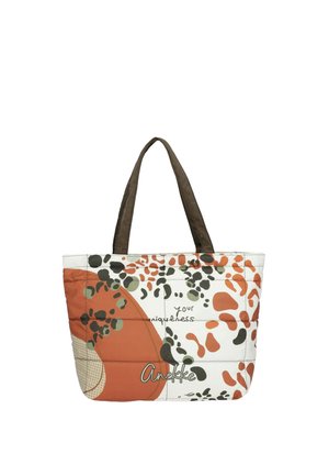Borsa tote con manici marroni che presenta forme astratte arancioni, nere e verdi, e testo con la scritta "la tua unicità" e "Anekke."