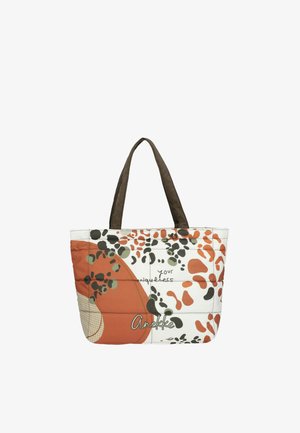 Borsa tote con manici marroni che presenta forme astratte arancioni, nere e verdi, e testo con la scritta "la tua unicità" e "Anekke."