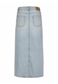 Svetloženska denim A-linijska krila s srednje dolgim krojem, zadnjo oznako na pasu in dvema zadnjima žepoma z gladko teksturo.