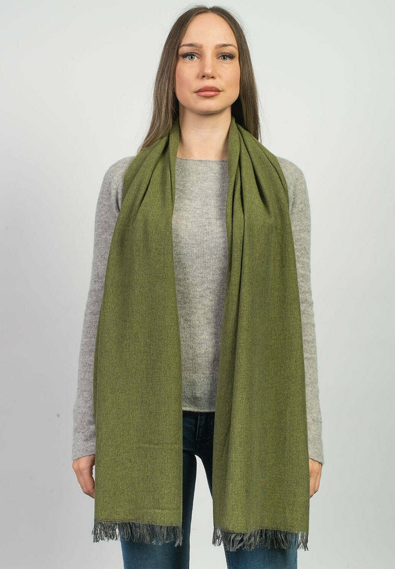 Sciarpa Avvolgente In 70% Cashmere E 30% Seta - Stampa Erba Verde, Doppio Viso, 68x68cm