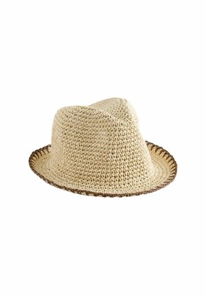 Light beige woven straw fedora hat with a slightly pinched crown and dark brown edging along the brim.