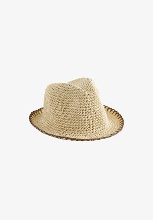 Chapeau fedora en paille tissée beige clair avec une calotte légèrement pincée et un bord marron foncé le long du bord.