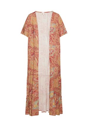 Dlhý, ľahký kimono štýlový prehoz v červenej a zlatej paisley vzore, s krátkym rukávom, otvoreným predným dielom a tiered lemom.