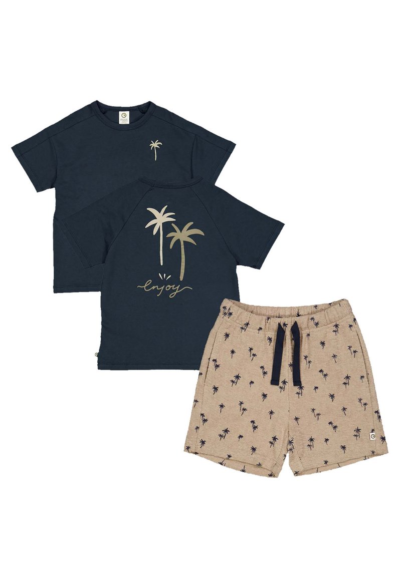 Navy short-sleeve t-shirts with palm tree graphics and "enjoy" text, paired with beige shorts featuring a palm tree pattern and black drawstring.