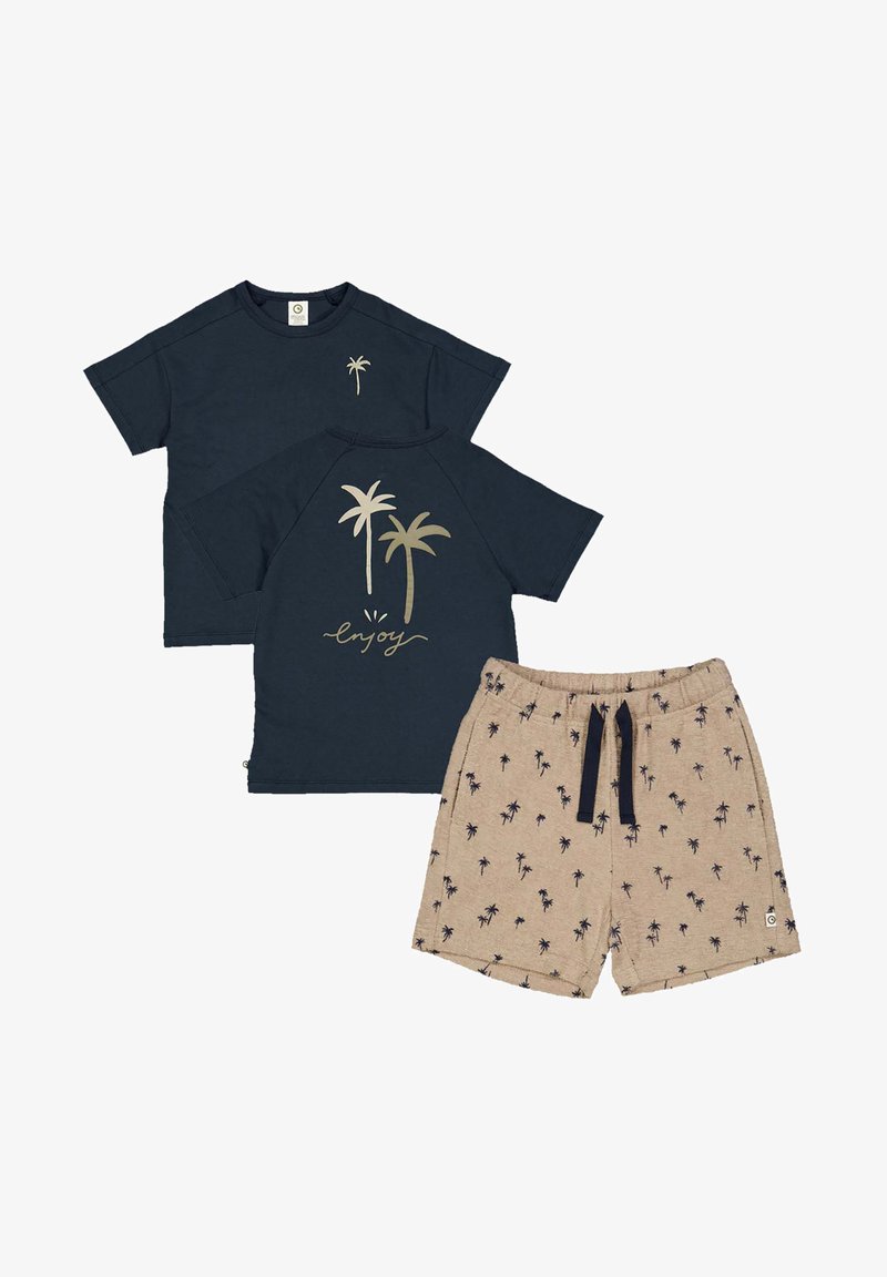 Navy short-sleeve t-shirts with palm tree graphics and "enjoy" text, paired with beige shorts featuring a palm tree pattern and black drawstring.