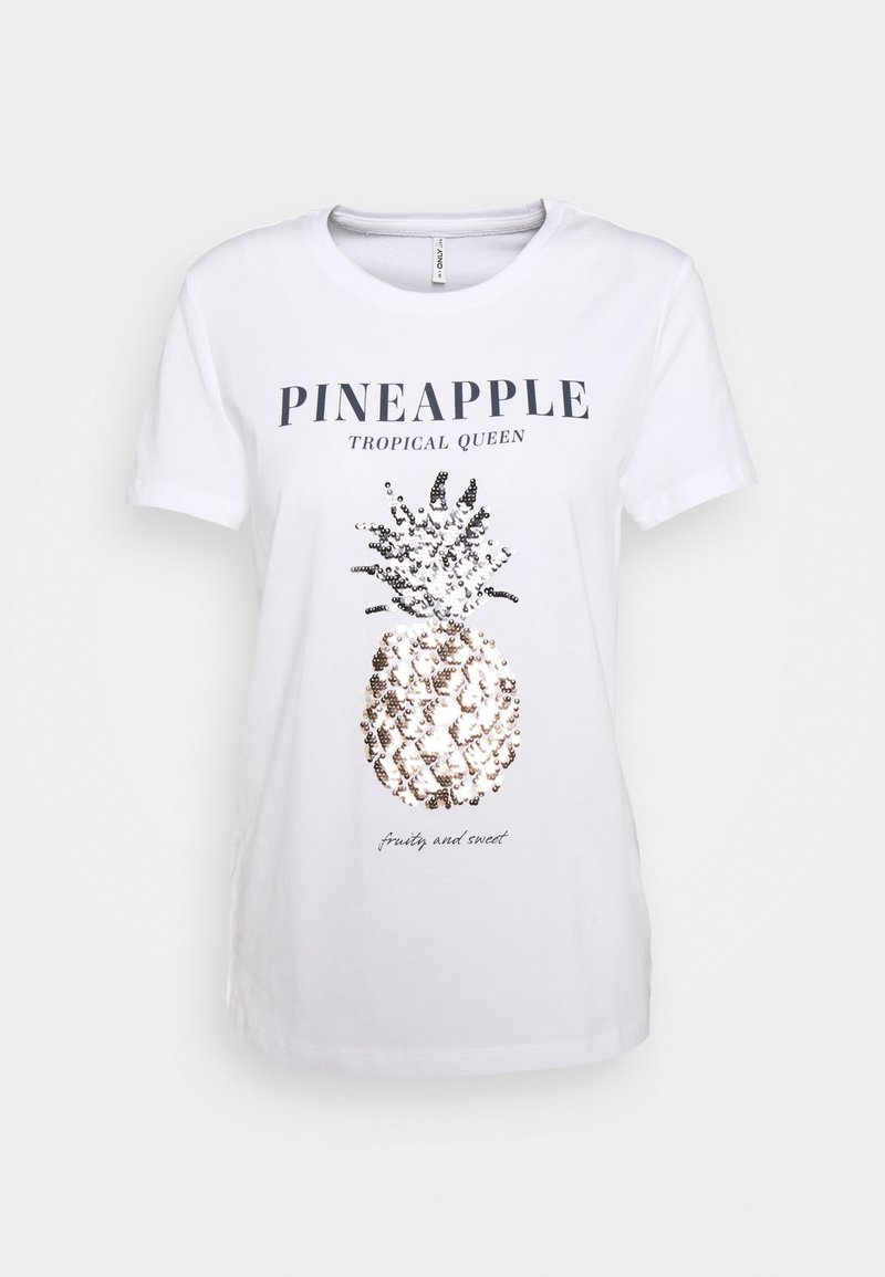 T-shirt blanc à manches courtes avec texte noir "Pineapple Tropical Queen" et un motif d'ananas en sequins brillants sur le devant.