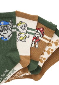 Vier Paare gestrickter Socken mit Cartoon-Hundecartoons in Grün, Beige und Braun, mit gestreiften Muster und Pfotenabdrücken.