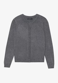 Ciemnoszary kardigan z długim rękawem, zapinany na guziki, o okrągłym dekolcie i prążkowanych mankietach, leżący płasko, pokazujący przód oraz metkę marki wewnątrz kołnierza.