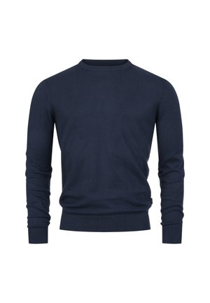 Marineblå langærmet sweater med rund hals, ribstrikkede ærmekanter og kant forneden, vist på en ensfarvet hvid baggrund.