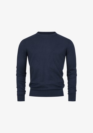 Marineblauer Pullover mit Rundhalsausschnitt und langen Ärmeln, mit gerippten Bündchen an Ärmeln und Saum, präsentiert vor einem schlichten weißen Hintergrund.