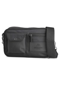 Fekete szövet válltáska fő cipzáras rekesszel, elülső hajtókás zseb snap gombbal, egy további cipzáras zsebbel és logós folttal.