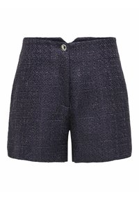 Shorts taille haute foncés à texture, avec une fermeture à un seul bouton argenté et un motif subtil en tissu tissé.