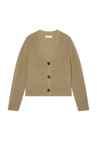 Beige pletený kardigan s dlouhými rukávy, výstřihem do V a třemi černými knoflíky vpředu, položený na bílé pozadí.