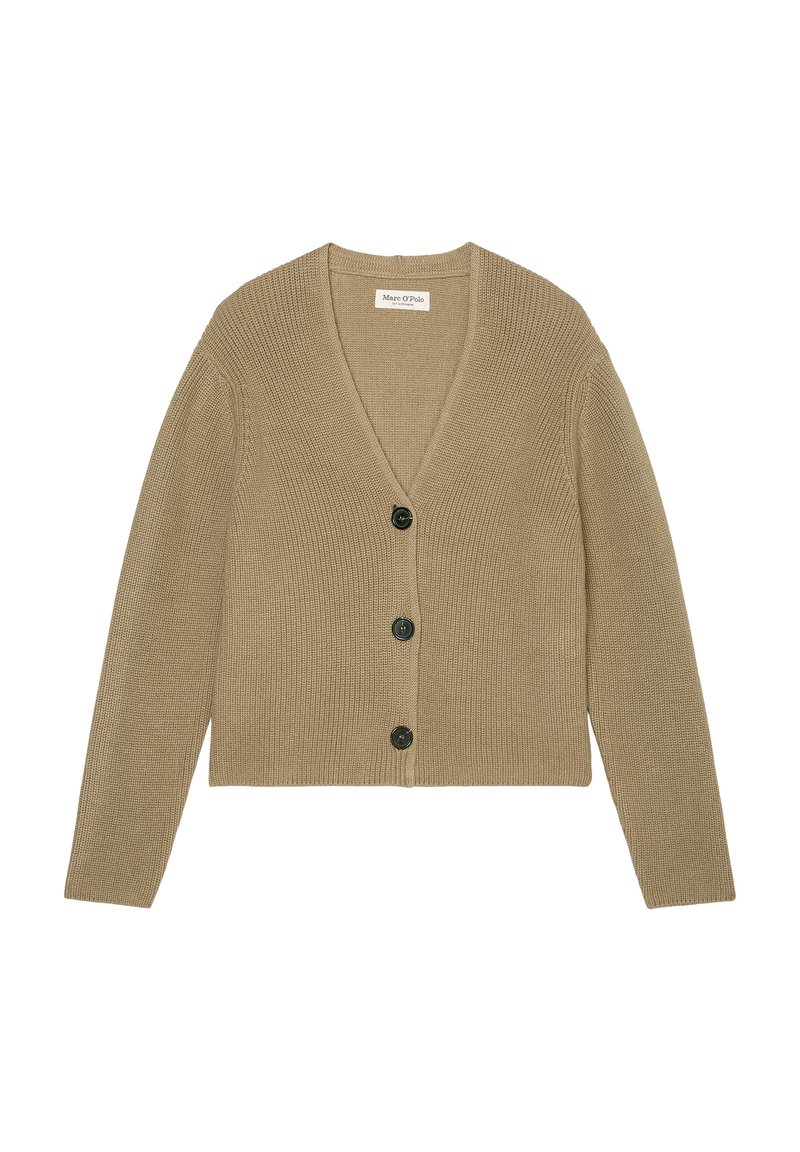 Beige pletený kardigan s dlouhými rukávy, výstřihem do V a třemi černými knoflíky vpředu, položený na bílé pozadí.