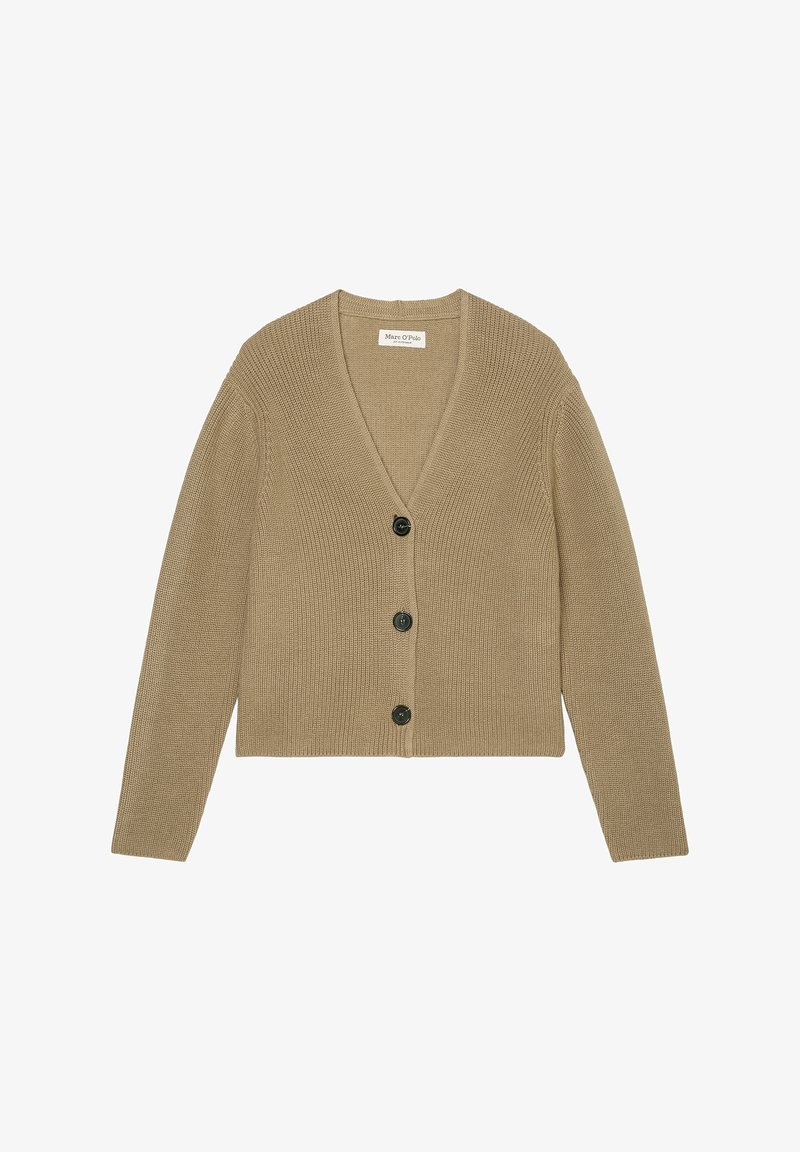 Beige pletený kardigan s dlouhými rukávy, výstřihem do V a třemi černými knoflíky vpředu, položený na bílé pozadí.