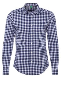 Blå och vit rutmönstrad skjorta med lång ärm, krage med knappar, slim fit och en ficka på vänster sida. Slät bomullsmaterial.