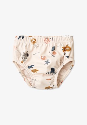 Culotte de bain en doux tissu crème avec un imprimé coloré sur le thème marin représentant des crabes, des poissons et des créatures marines ; élastique à la taille et aux jambes.