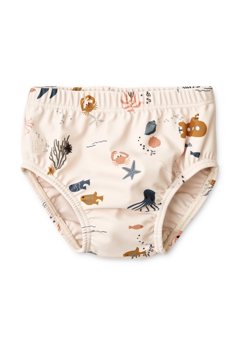 Culotte de bain en doux tissu crème avec un imprimé coloré sur le thème marin représentant des crabes, des poissons et des créatures marines ; élastique à la taille et aux jambes.