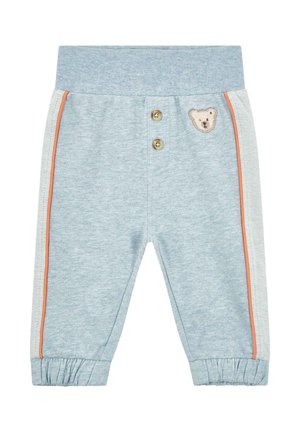 Light blue toddler sweatpants with orange side stripes, elastic cuffs, two wooden buttons at waist, and teddy bear patch on front right.