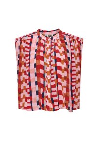 Bunt gemusterte kurzärmlige Bluse mit einem geometrischen Muster in Pink, Rot und Marineblau. Hergestellt aus leichtem Stoff mit einer Knopfleiste und plissierten Details.