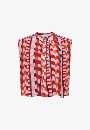 Kleurvolle blouse met korte mouwen featuring een geometrisch patroon in roze, rood en marineblauw. Gemaakt van lichtgewicht stof met een knoopsluiting aan de voorkant en geplooide details.