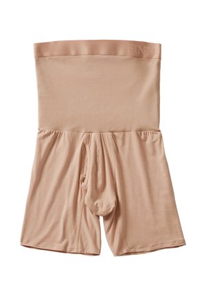 Beige compression shorts with a high waistband, made from smooth fabric. Features a front pouch and seamless sides for comfort.