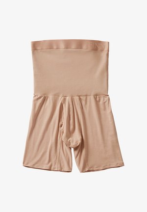 Beige compression shorts with a high waistband, made from smooth fabric. Features a front pouch and seamless sides for comfort.