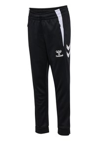 Schwarze Sportleggings aus einem Stoff mit glatter Textur. Verfügt über weiße Akzente und ein Logo auf der Vorderseite. Elastischer Bund und eng anliegende Bündchen.