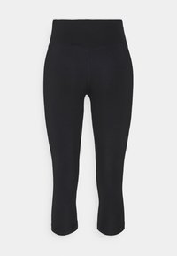 Czarne legginsy capri wykonane z elastycznego materiału, z wysokim stanem i gładką teksturą. Brak widocznych wzorów lub szczegółów metalowych.