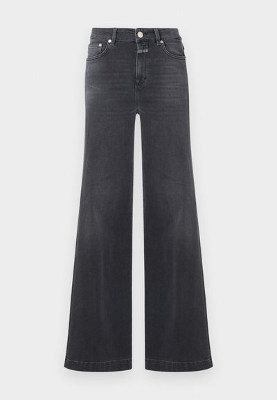 Σκούρο γκρι τζιν παντελόνι με ψηλή μέση και φαρδιά μπατζάκια, πέντε τσέπες, κούμπωμα με κουμπί και διακριτικές ξεθωριασμένες λεπτομέρειες μπροστά στους μηρούς.