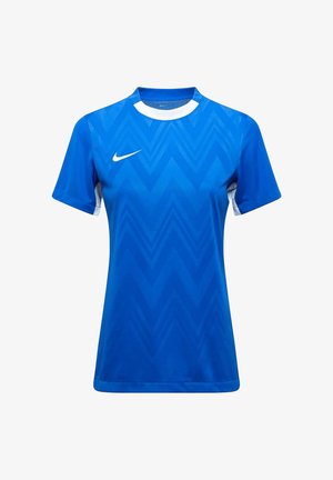 Maillot de sport bleu à manches courtes avec motif en chevrons, col rond blanc, et logo Nike en forme de virgule blanc sur le haut gauche de la poitrine.