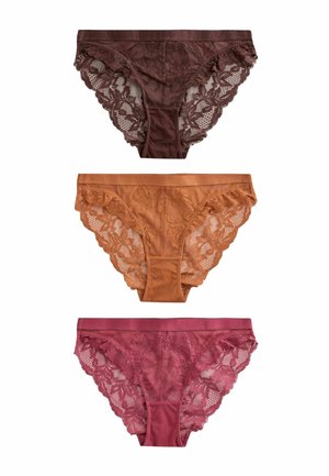 Three lace-trimmed women's bikini underwear in dark brown, light brown, and dark pink colors, arranged vertically on a white background.