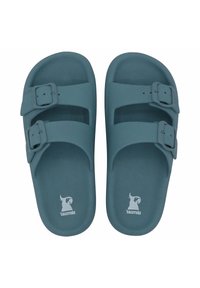 Sandales en caoutchouc teal avec deux brides réglables et boucles. Semelle plate et semelle intérieure texturée. Logo de la marque imprimé sur la semelle.