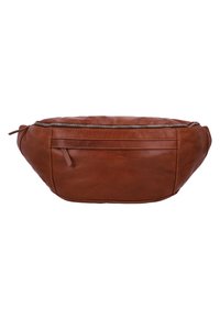 Brown leather bag with a rounded shape, featuring a zip closure and a front pocket. Smooth texture and minimalistic design with subtle stitching.