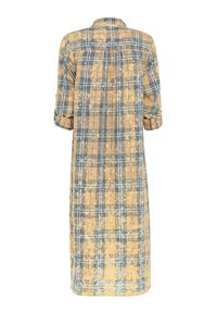 Lungo vestito a quadri nei toni del blu e del giallo, caratterizzato da un collo a camicia e polsini con bottoni, con una schiena arricciata per un fit rilassato.