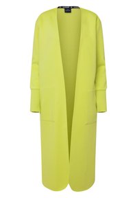 Lange, offene Strickjacke in leuchtendem Limettengrün, aus weichem Stoff gefertigt. Mit langen Ärmeln und zwei vorderen Taschen. Strukturierten Oberfläche.