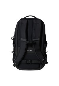 Black backpack with padded shoulder straps, adjustable buckles, and a sleek, minimalist design. Durable fabric with a smooth texture.