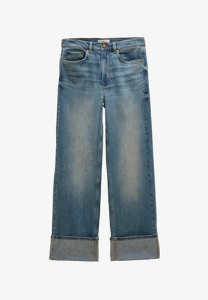 Blaue Jeans aus Denim mit weitem Bein, umgeschlagenen Säumen, Fronttaschen und Knopfverschluss, mit leicht ausgewaschenem Effekt an den Oberschenkeln.